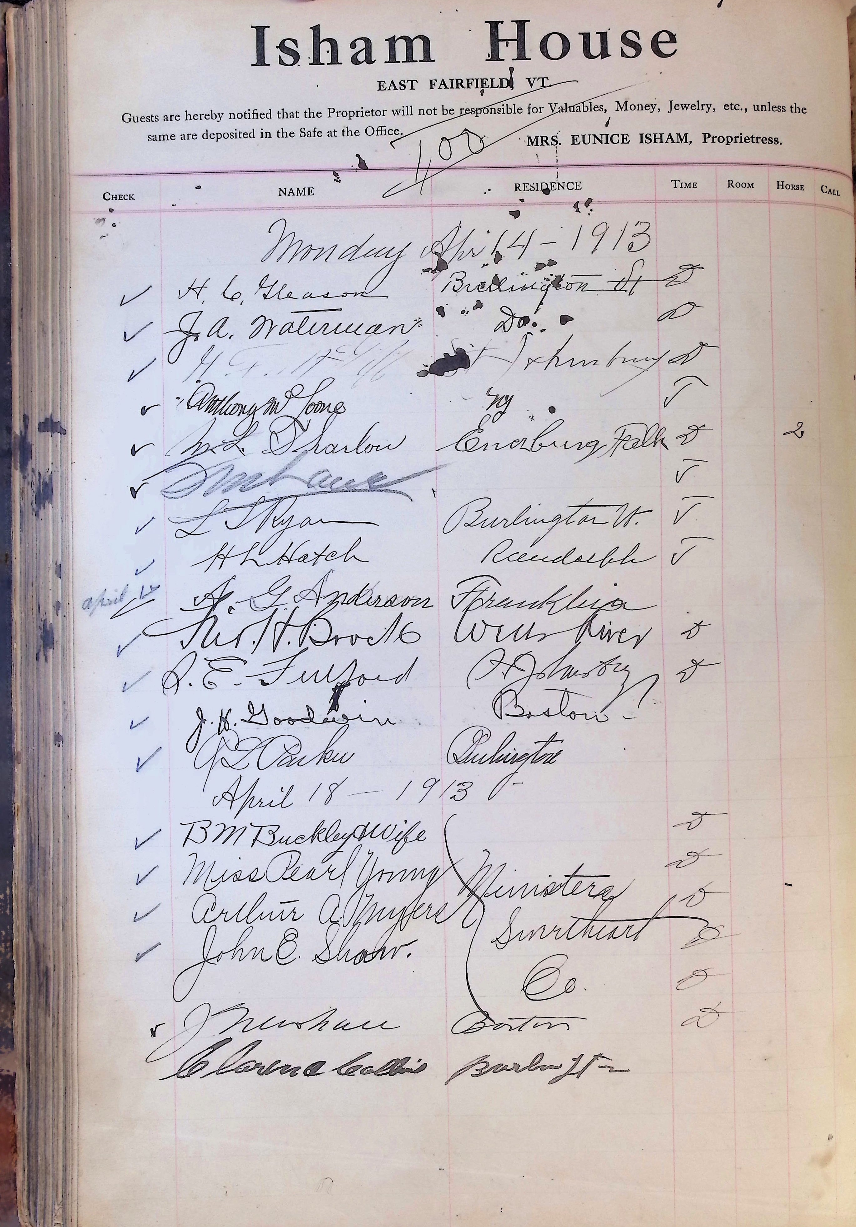 Isham Hotel register Vol. 4, Page 179