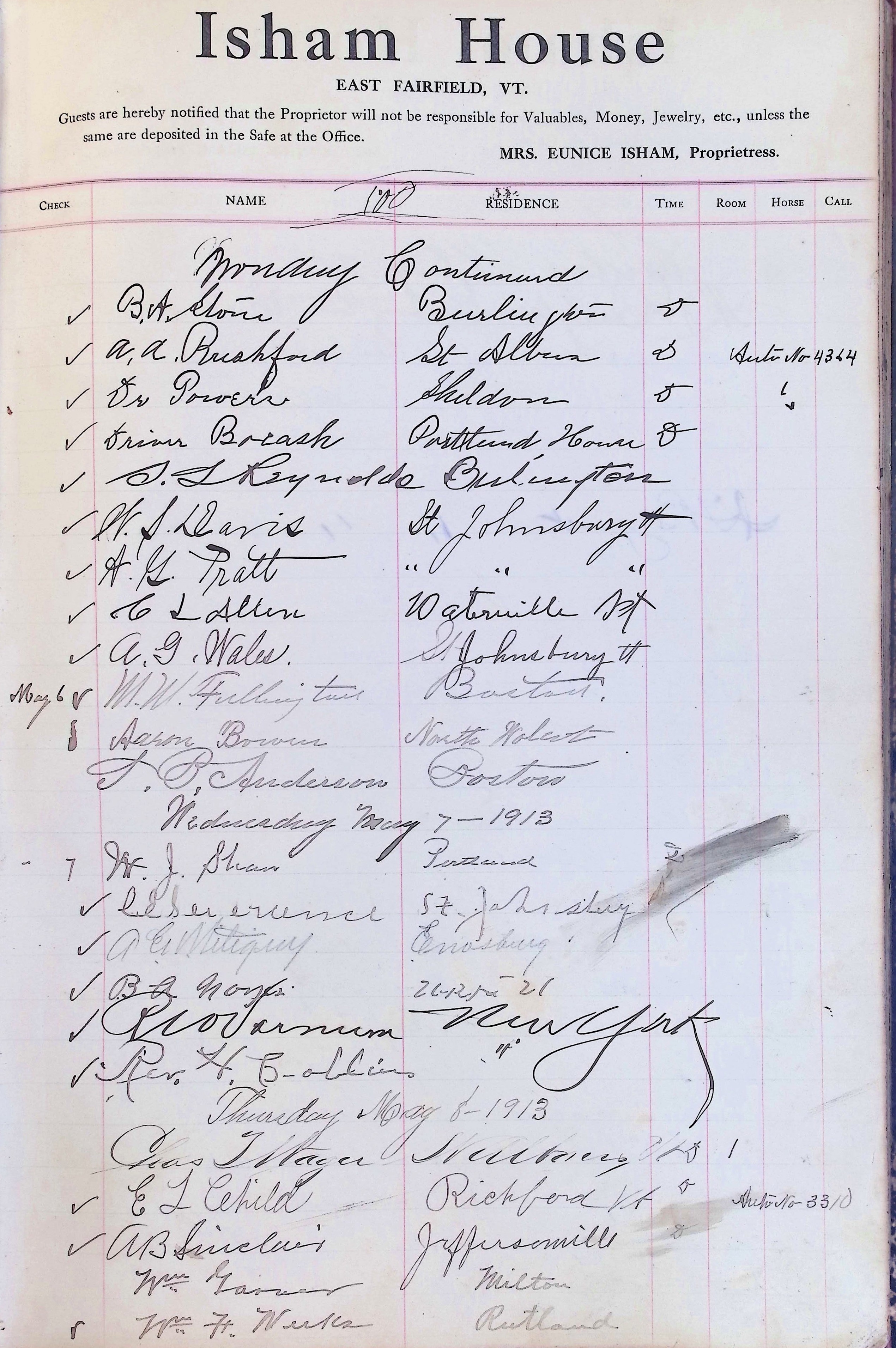 Isham Hotel register Vol. 4, Page 180