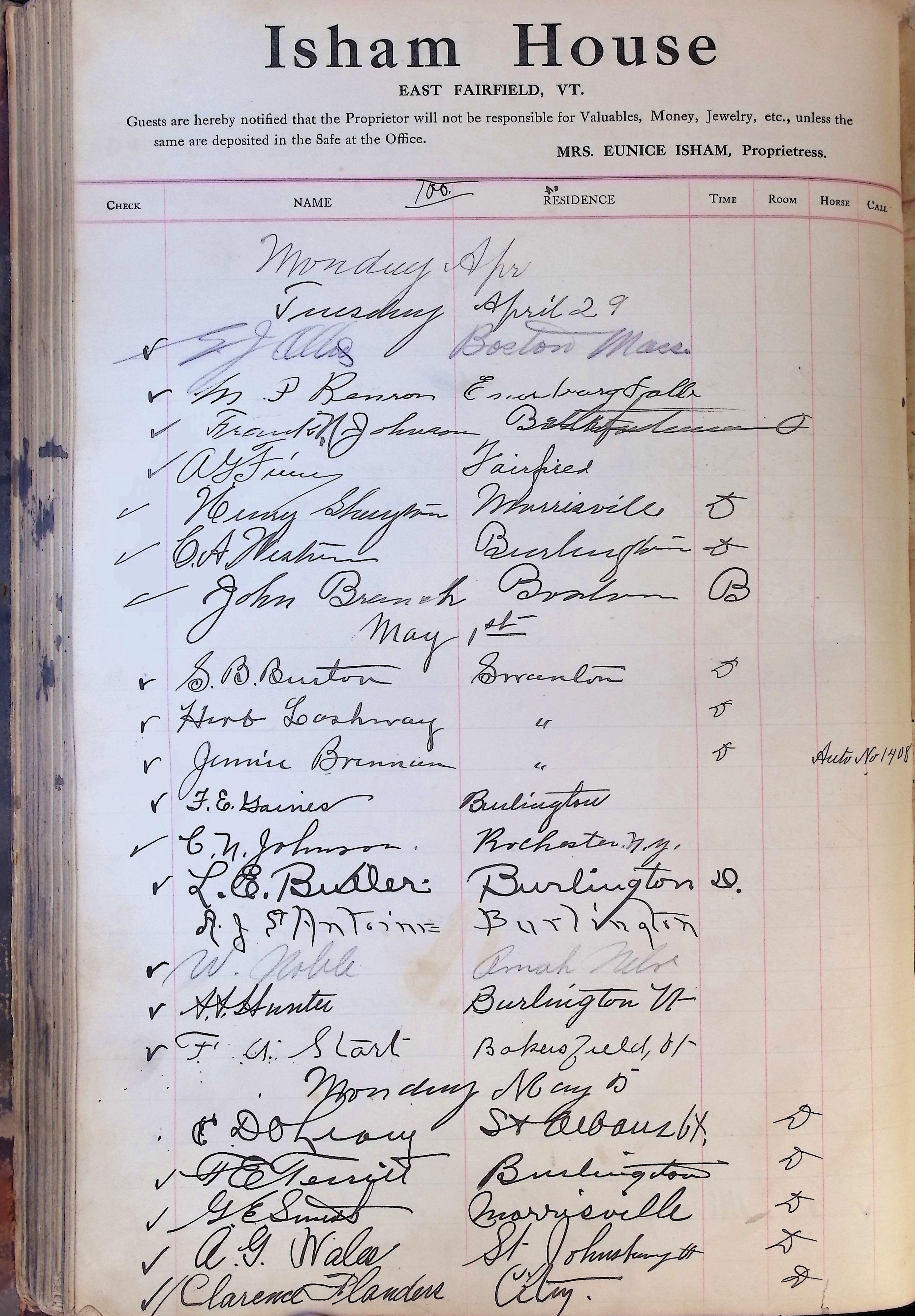 Isham Hotel register Vol. 4, Page 181
