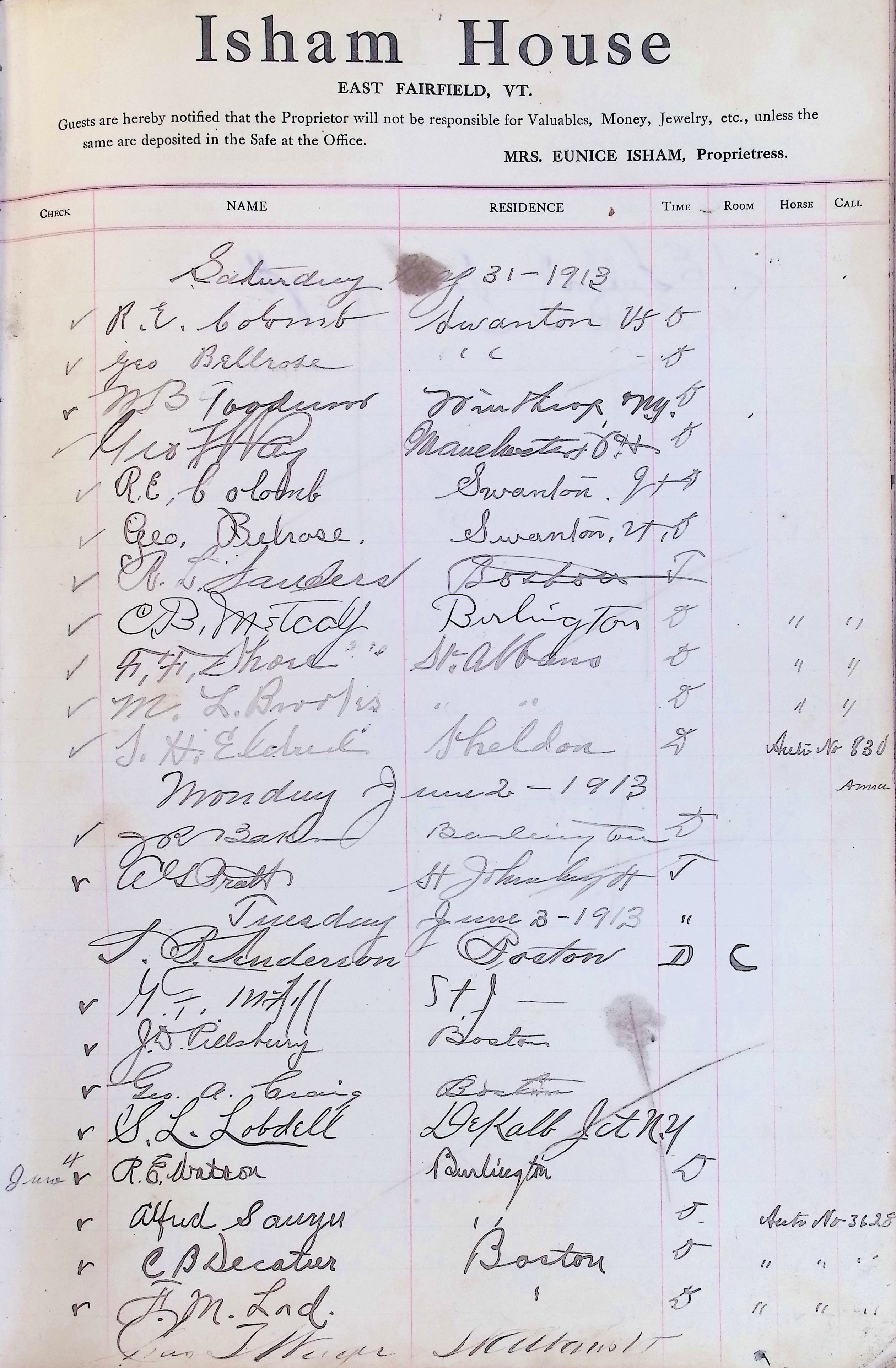 Isham Hotel register Vol. 4, Page 184