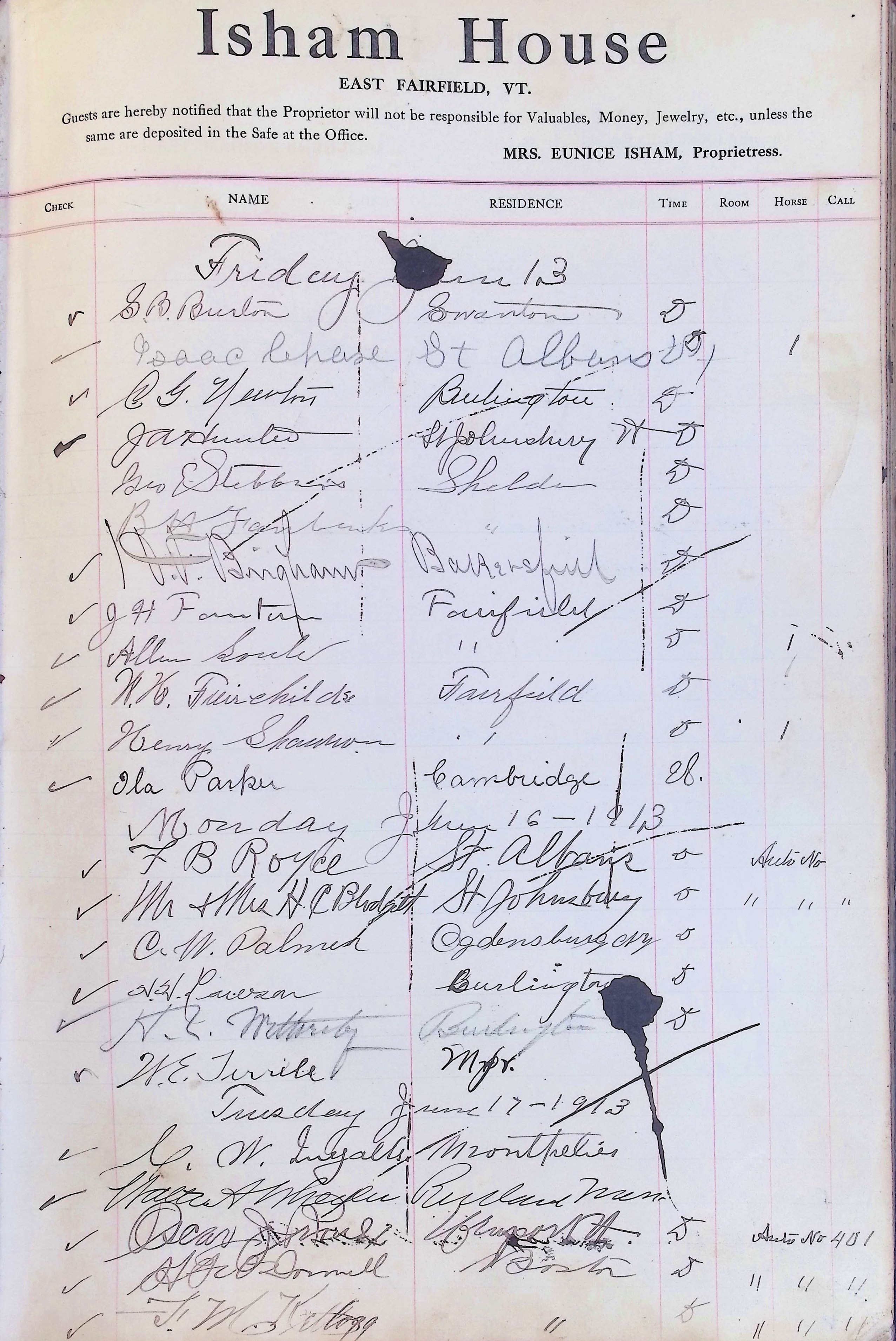 Isham Hotel register Vol. 4, Page 186