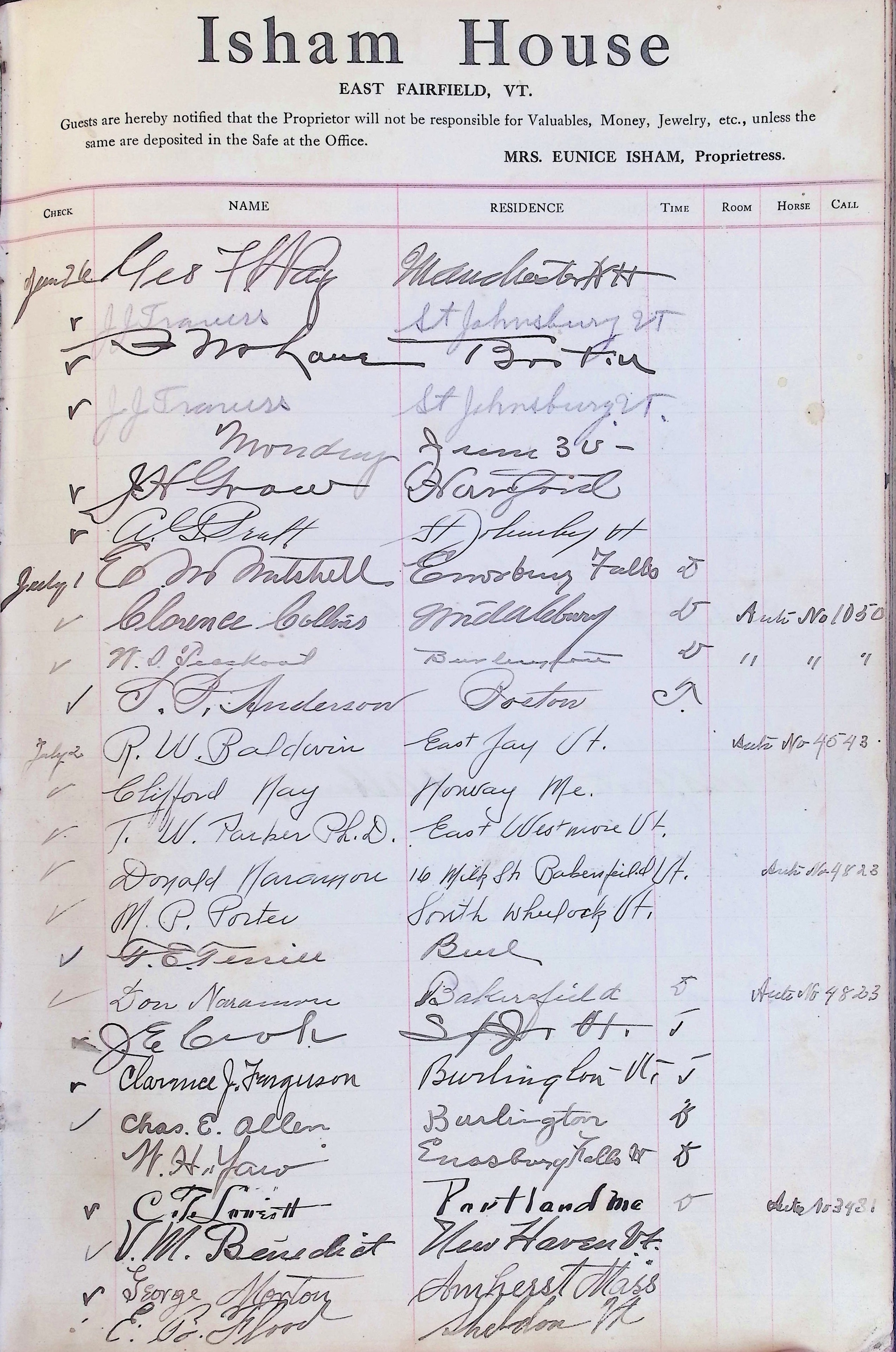 Isham Hotel register Vol. 4, Page 188