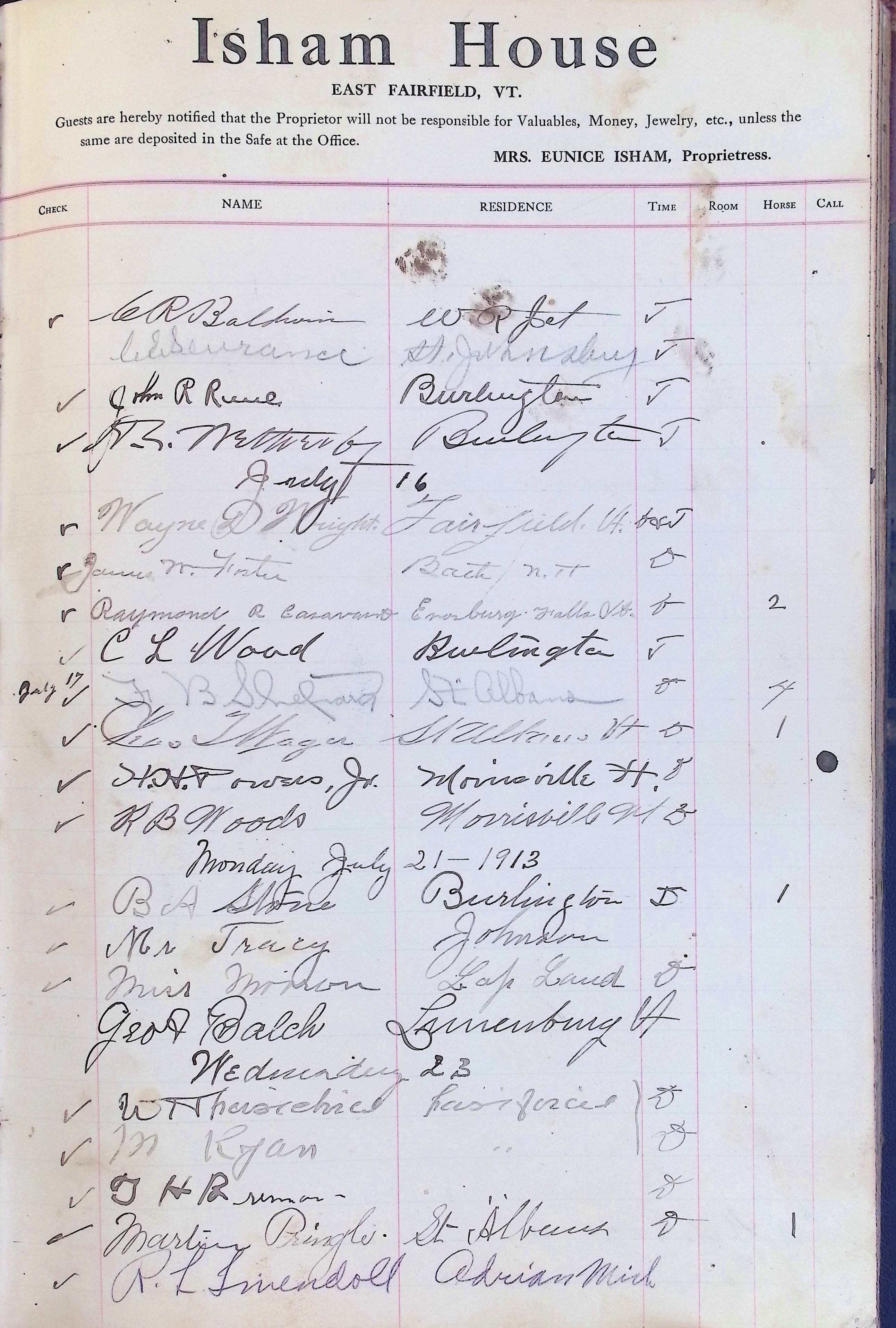 Isham Hotel register Vol. 4, Page 190