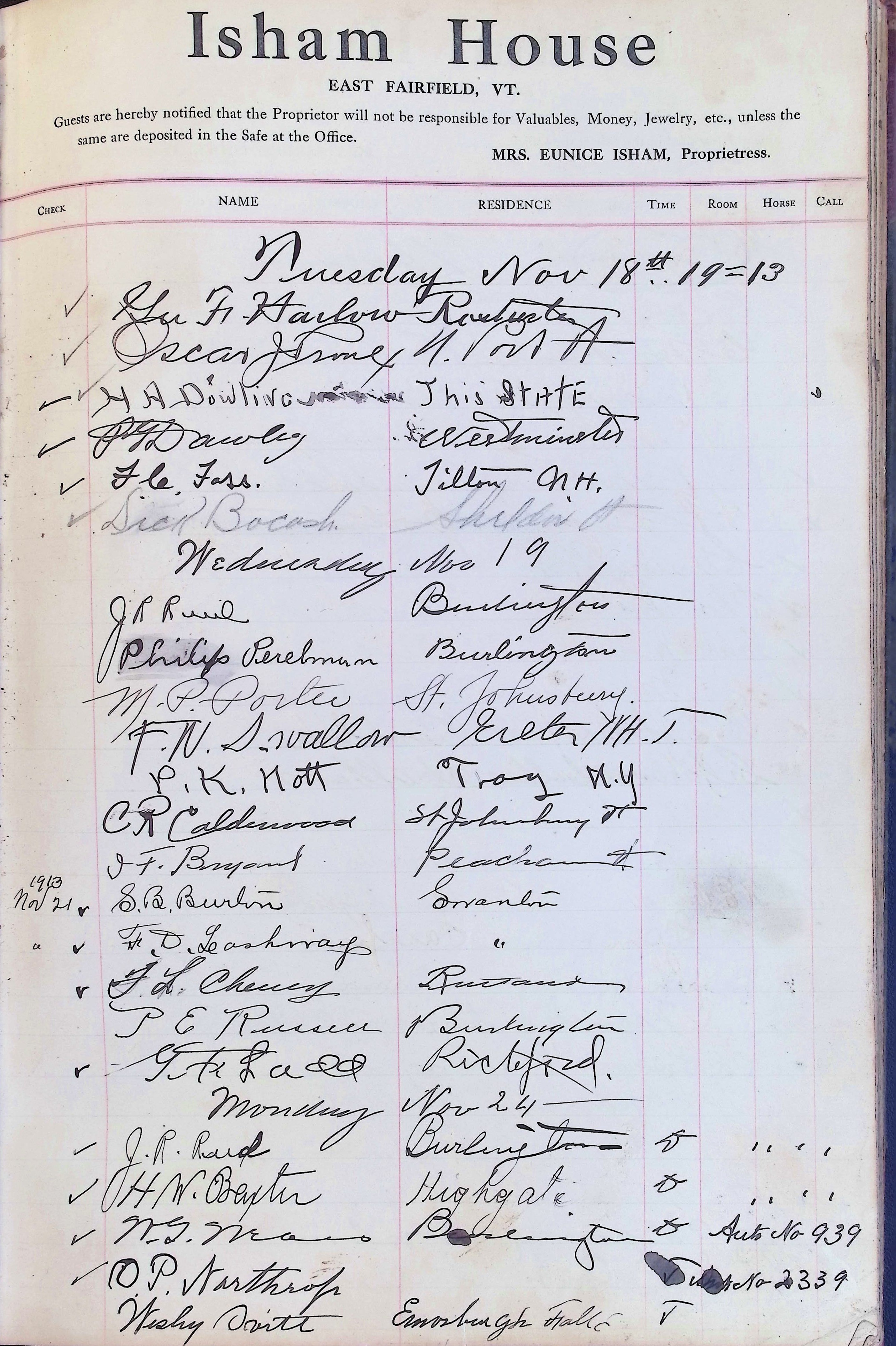 Isham Hotel register Vol. 4, Page 208
