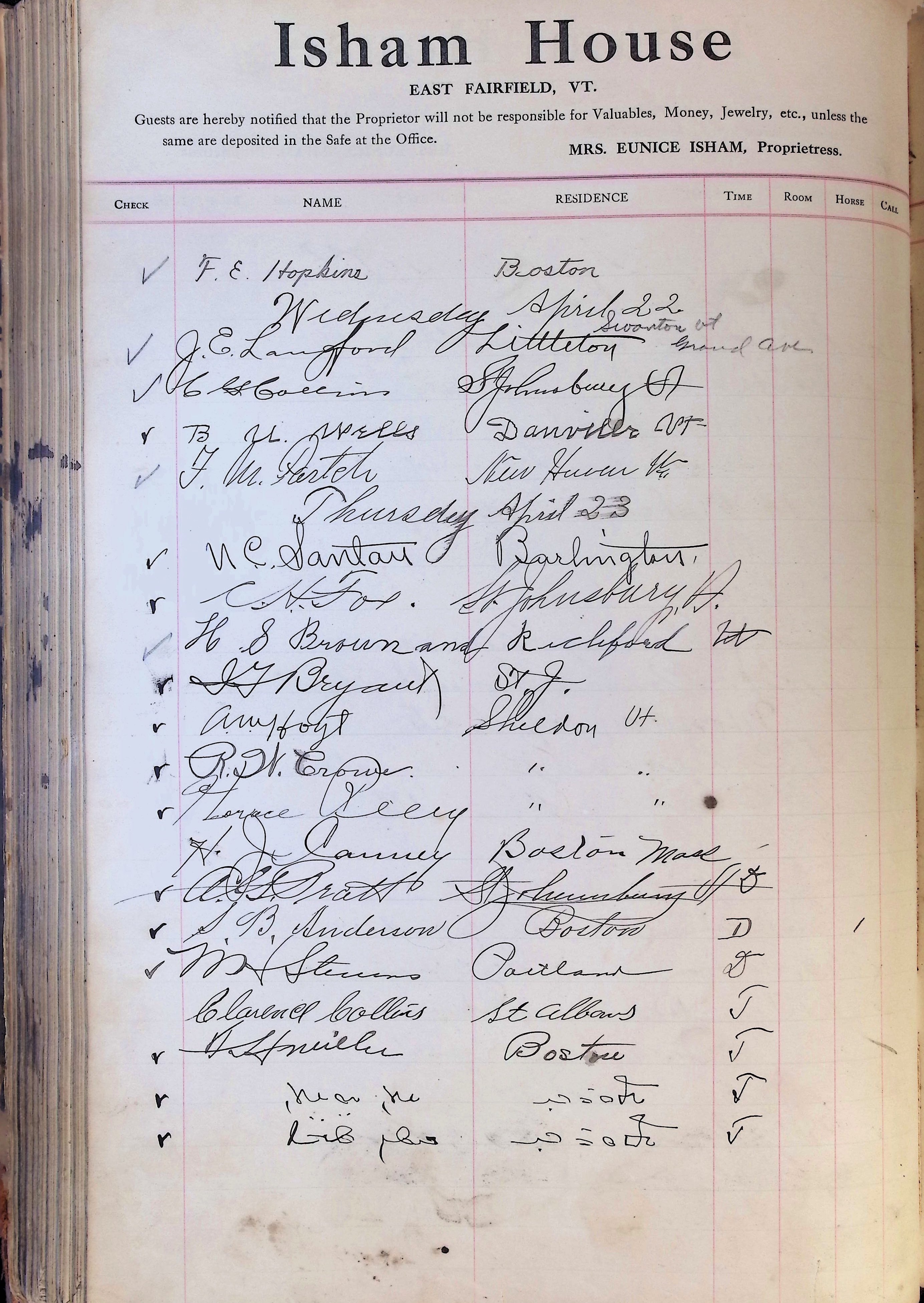 Isham Hotel register Vol. 4, Page 227
