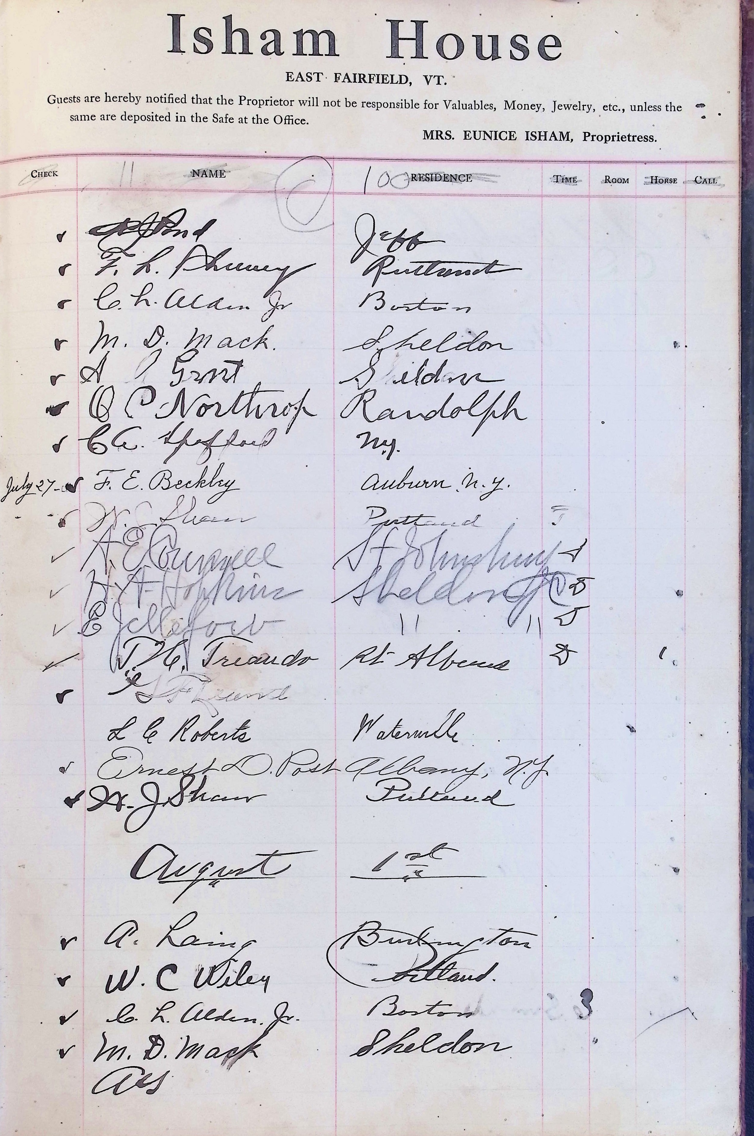 Isham Hotel register Vol. 4, Page 280