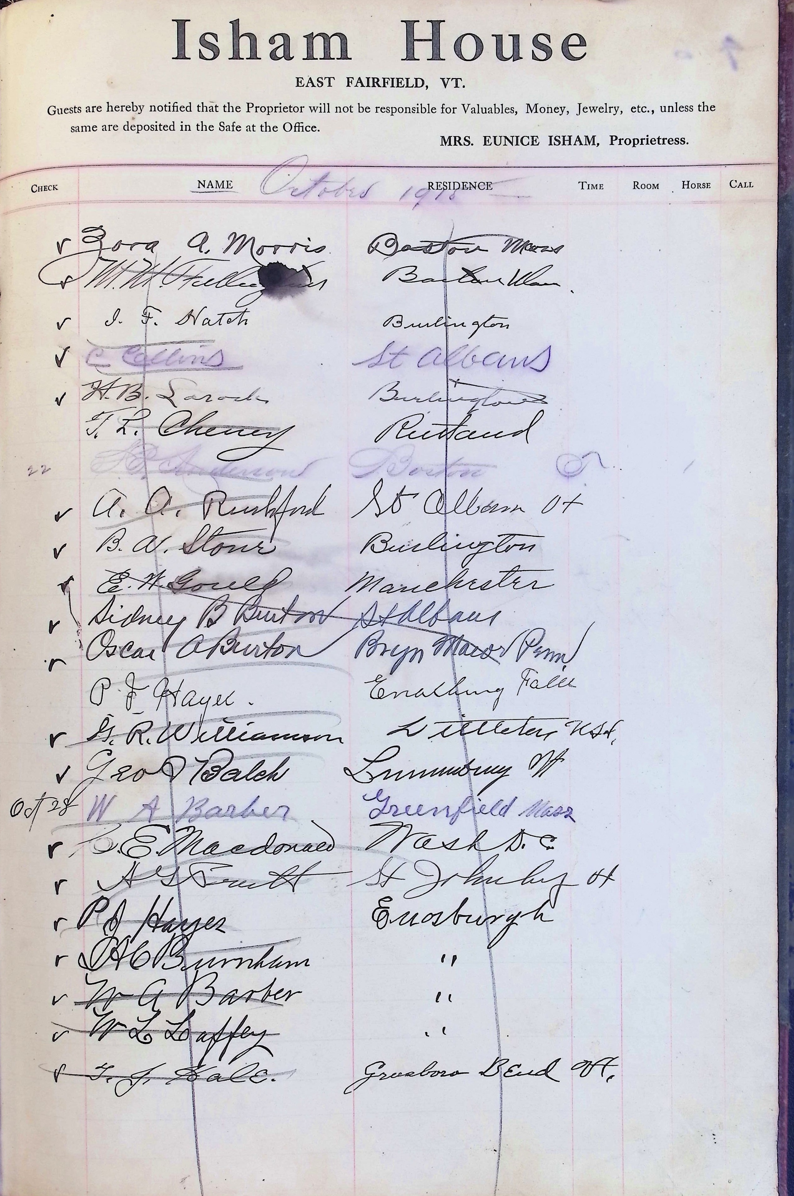 Isham Hotel register Vol. 4, Page 288
